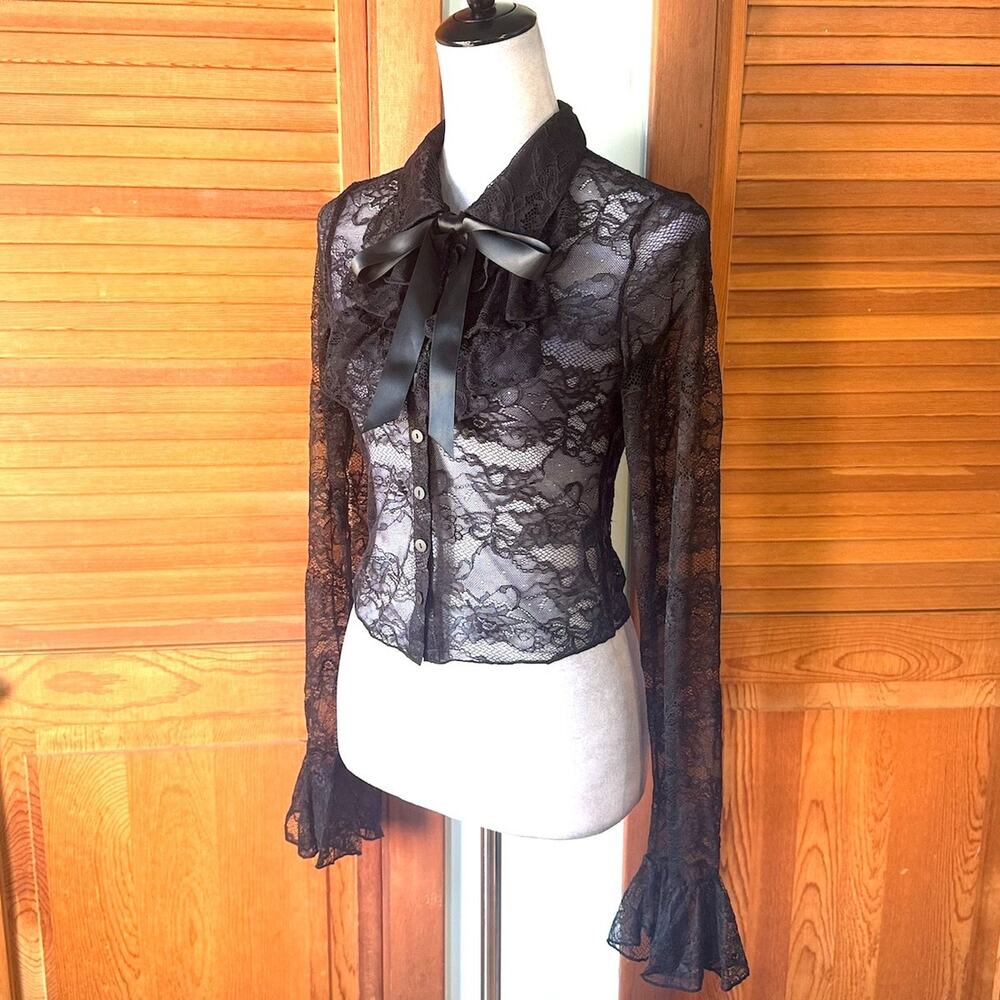 Dolls Kill Gothic Victorian Vampire Vkei Black Lace Jabot Ribbon Bow Top L - Picture 4 of 8